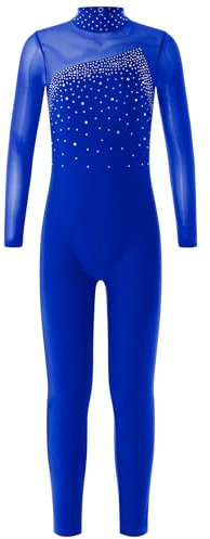 Yruioon Kinder Turnanzug Mädchen Gymnastikanzug Langarm Eiskunstlauf Body Mesh Patchwork Ganzkörper Trikot Sport Overall Jumpsuit Royal Blau 122-128