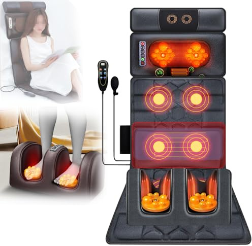 vanenferse Tappetino Massaggiante con Calore, Materasso Massaggiante con Shiatsu Massaggiatore Collo Staccabile, Sedile Massaggiante con 10 Motori Vibranti, Alleviare Il Dolore, Rilassare I Muscoli