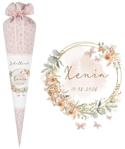 Manufaktur Liebevoll Eukalyptus Schultüte Mädchen Einschulungstüte Name personalisiert Boho Schultüte Stoff Vintage Rosa Blumen Mädchen Zuckertüte Schulkind 2026 I (Blumenranke)