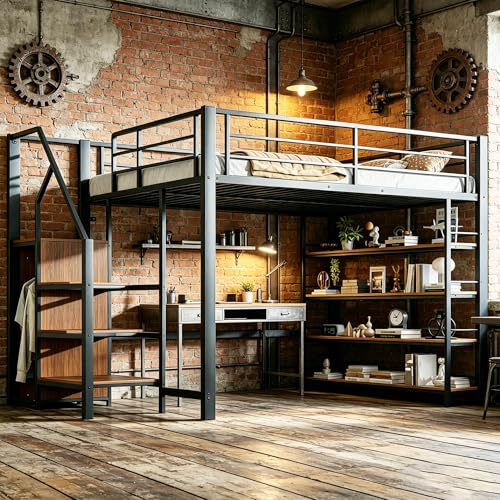 Dolamaní Hochbett 140x200 cm mit Regal, Treppe Sicherheit, klein Schrank, Jugendbett Bett mit Rausfallschutz, Bettgestell & Lattenrost aus Metall, Schwarz