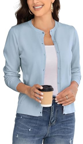 BERESIA Cardigan Donna Maglia con Bottoni Golfino Girocollo Manica Lunga Giacca Cappotto Elegante, Azzurro L