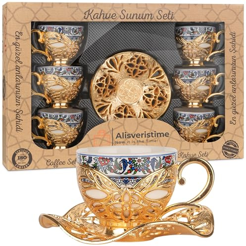 Alisveristime Türkisches Kaffee-Set für 6 Personen, Topkapi-Design, Porzellantassen mit Zamak-Haltern und Untertassen, zwei Farbvarianten: Gold und Silber (Topkapi-Design) (Gold)