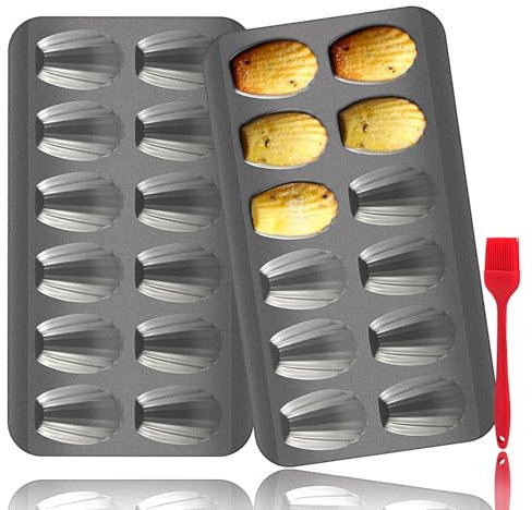 OAMCEG 2 Pack Madeleine Pan with Silicone Brush 12 Cup Heavy Duty Shell Shape Madeline Tray, Nonstick Carbon Steel Cookie Cake Scone Pan Baking Mold for Oven Baking - (Gray)