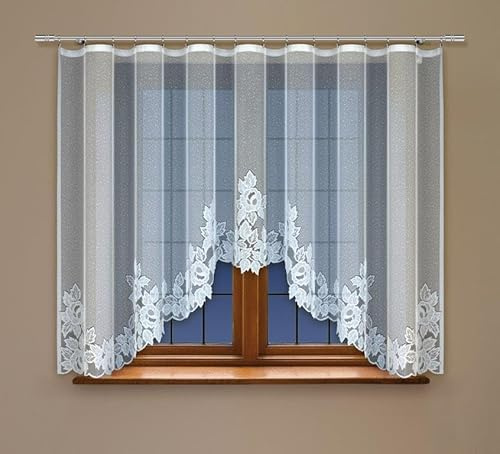 Gardinen Vorhangen Weiß 400x160 cm (BxH) Esposito Stores Gardinen mit Kräuselband Kurz Jacquard Scheibengardine Wohnzimmer Vorhänge Fertiggardine Küchengardinen Bogen Kurzstores Blumen Muster
