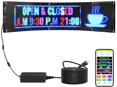 VEVOR Enseigne Lumineuse LED Programmable Flexible, Panneau d’Affichage Défilant Couleur Polychrome P5, Panneau Publicitaire, Contrôle Application Bluetooth, pour Magasin, Bar, Publicité, 83,5x20 cm