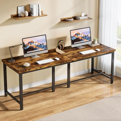 Tribesigns Schreibtisch, 200 x 60cm Extra Lange Computertisch, Doppelschreibtisch, Bürotisch für Arbeitszimmer, Schlafzimmer, Homeoffice, Industrie-Design, Metallgestell, Vintage Braun