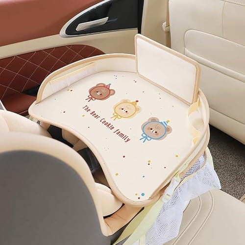 Erlsig Kids Travel Tray for Car Seat Activity and Play Tray Organizer for Kids and Toddlers Lap Desk with Tablet Phone Holder Waterproof and Foldable - Beige Hat Bear