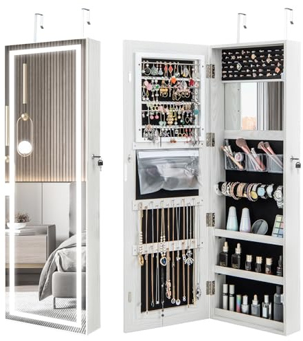 Multigot LED Lights Mirrored Jewelry Cabinet, Door Hanging/Wall Mounted Makeup Armoire with 2 Keys, Lockable Jewelry Storage Organizer for Dressing Room Bedroom (3-Color LED Lights, White)