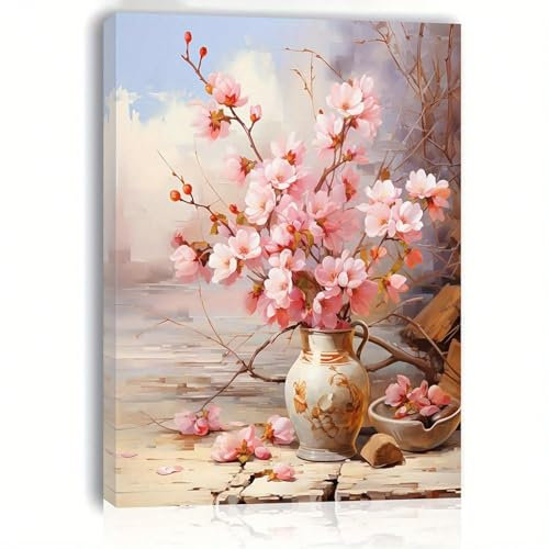YUSUZHU Stampa su tela con fiori di pesco, arte murale con vaso vintage, decorazione per soggiorno e camera da letto, poster, quadri su tela, cornice 70x90 cm