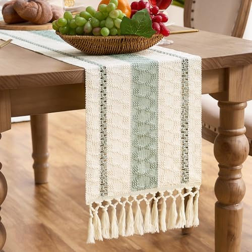 Aisybaklyn Tischläufer Modern Salbeigrün Boho Deko Rustikaler Makramee Quaste Vintage Hochzeitsdeko Tischdeko Frühling Table Runner Rustikale Tischdekoration für die Hochzeitsküche 30 x 140 cm