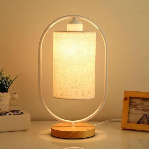 OKSANO Moderne Schreibtischlampen mit Schalter, Leinen Lampenschirm Metall Schreibtisch Licht Holz Nachttisch Nachtlicht für Wohnzimmer, Büro, Zimmer Nachttisch, Schlafzimmer (Weiß)