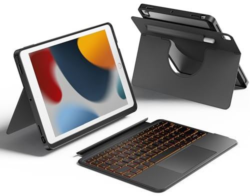 HOU Combo Clavier pour iPad 9e génération (10,2 Pouces, 2021)/8e/7e génération/Air 3/Pro 10.5,Trackpad Multi-Touch, Rétroéclairage 7 Couleurs, Rotatif & Amovible,Modes Portrait/Paysage,Noir