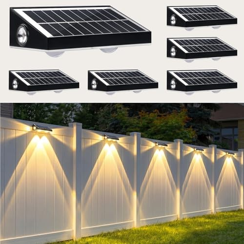 hixyer Solar Wall Lights Outdoor Garden, 3 Sides Fence Light Warm White & RGB Colors Waterproof Solar Lights for Outside, Backyard, Patio, Deck, Stair, Step, Railing (6 Pack)