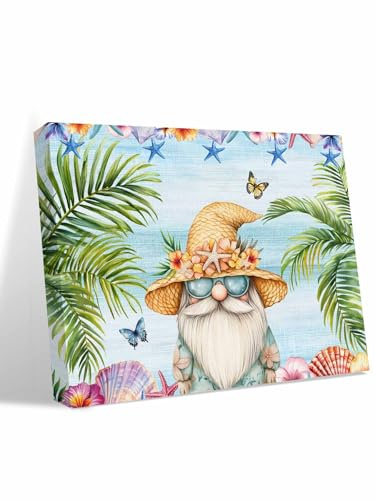 Canvas Wall Art - Summer Dwarf Shell Starfish Plant Framed Wall Decor Canvas Painting Prints,Palm Leaf Flower Blue Linen Picture Oil Painting Artwork for Bedroom Living Room Office 24x32