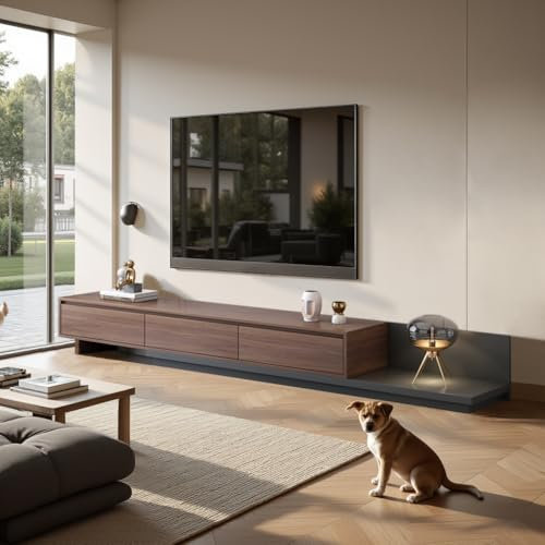 OLEYLUCKIDEA Meuble TV Extensible, 200 cm à 330 cm, 3 tiroirs, Noyer