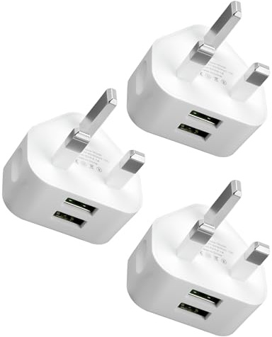 3 Pack Dual Port USB Plug UK Charger 5V/2.1A Compact Mains Fast | Wall Charging Adapter with Smart IC Technology for iPhone 15 14 13 12 11 XS XR X 8 7 6, iPad, Samsung, Huawei - White
