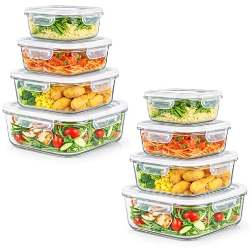 Innoteck 4pc Square Glass Storage Container Set with Snap Lock Lids - Watertight & Airtight Lids - Heat & Cold Resistant Glass - Microwave, Oven, Freeze & Dishwasher Safe - for Meal Prep, Set of 8