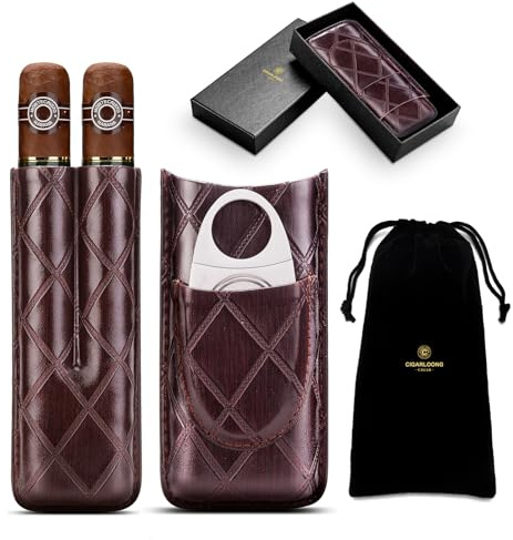 CLZOONG Zigarrenetui Leder Reise Humidor für 2 Röhren, Reise Zigarrenetui Tragbarer Zigarren Humidor Box mit Zigarrenschneider aus Edelstahl, Samttasche und Geschenkbox für Draußen, Kirschfarbe
