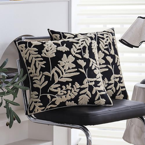 2 Pack 18x18 Inch Velvet Pillow Covers w/ Botanical Embroidery Green Plant Leaf / Floral Stitched Cushion Covers for Couch, Farmhouse, Boho Living Room Decor, Cozy Home Decorative Pillowcases 45x45cm