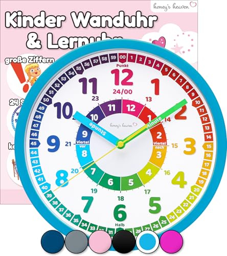 Honey's Heaven Wanduhr für Kinder - Lernuhr zum Lernen der Uhrzeit - analoge Kinderuhr ohne Tick Geräusche, mit lautlosem Uhrwerk - Kinderzimmer Deko für Jungen und Mädchen (Türkis)