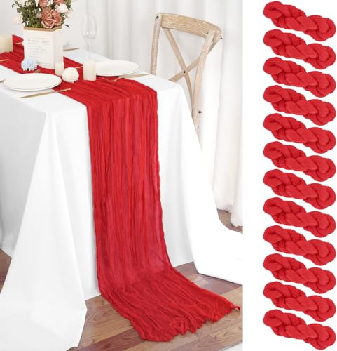 Teruntrue 12 Stück Tischläufer Rot 55x300 cm Boho Gaze Käsetuch Tischläufer für Hochzeit, Party, Babyfeier, Brautshower, Geburtstag-Dekorationen