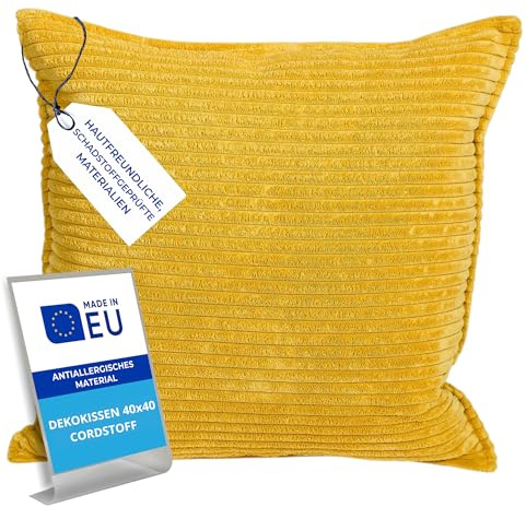 Pillows24 – Dekokissen 40x40 aus Cord | Weiches Zierkissen & Sofa Kissen | Deko Kissen 40x40 für Palettenkissen in Wohnzimmer & Balkon | Sofakissen Made in EU | Gelb