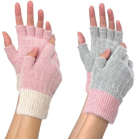 WUDEUI 2 Pairs Fingerless Gloves for Women, Knitted Touch Screen Thermal Mittens, Winter Warm Gloves for Girls Ladies Cycling Working Driving
