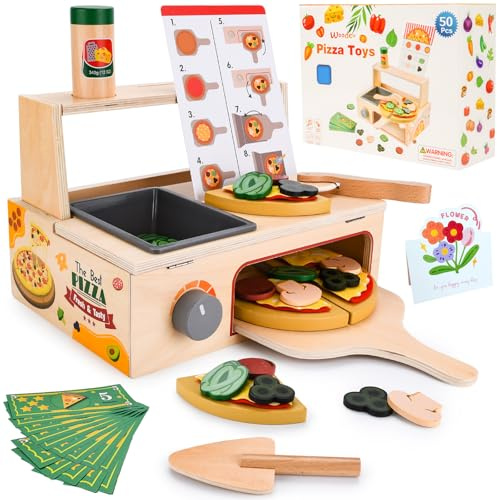 ZUSUZU Jouet à Pizza en Bois,Set à Pizza en Bois,Set de Cuisson Pizzas en Boiss,50 Pièces Cuisine Enfant,Accessoire Jeu Alimentaire,Jeu de Rôle,Ustensile en Boiss pour Garçons Filles de 3+ Ans