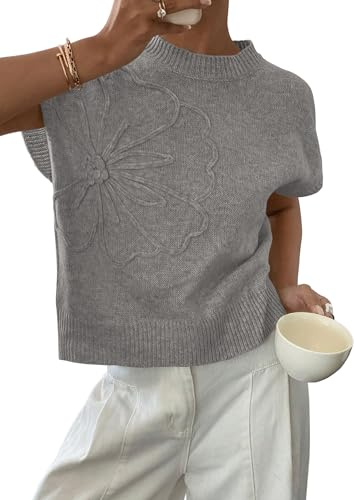 PRETTYGARDEN Women's 2026 Spring Sweater Vest Trendy Flower Knit Short Sleeve Cute Pullover Tank Tops Summer Fashion Clothing (Grey,Small)