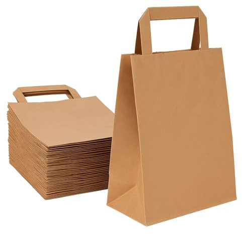 Commerline Presentpåsar i Papper | 18+8x22 cm, 250 Stycken | Bruna Kraftpapperspåsar Med Handtag | Med Platta Handtag | Presentpåsar, Papperspåsar