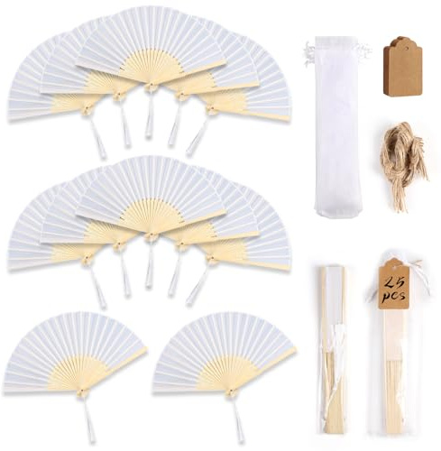 LALAGO Silk Handfächer, 25 Stück Klein Handfächer aus Stoff, Faltbare Fächer mit Quaste und Fan-Tasche, Fächer Festival für Hochzeite Bevorzugung Aufführung Tanz Dekoration (Weiß)