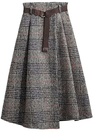 Gefomuofe Falda de mujer de lana, a cuadros, midi, vintage, elegante, con cintura elástica, para invierno, de línea A, para la oficina, faldas de moda, falda de punto midi, gris, 3XL