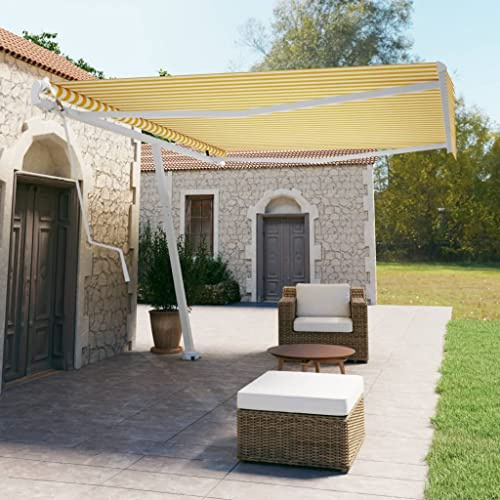 QJBSAVVA Standmarkise Automatisch 500x350 cm Gelb Weiß mit Fernbedienung und Kurbel Aluminiumrahmen UV-beständiges Polyestergewebe Freistehende Terrassenbeschattung für Garten Balkon und Terrasse