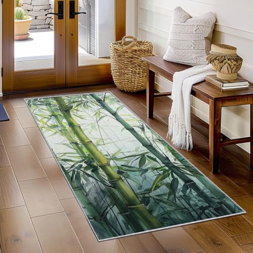 Generisch Läufer Flur Japanisches Bambus Blätter, Waschbarer Teppich Läufer Grün Blatt 80x300, Küchenteppich, Eingangsbereich, Bettvorleger, Schlafzimmer Deko, rutschfest, Kurzflor i2369
