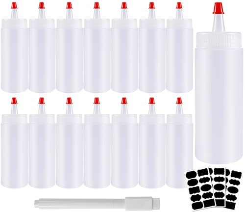 EOGRFW 15 Stück Quetschflasche, Squeeze Flasche, 4 Oz, 4.1 × 14.5 Cm | Dosierflasche Mit Quetschdeckel, Wiederverwendbare Saucenflasche für Küche, Inklusive Etiketten Und Stift