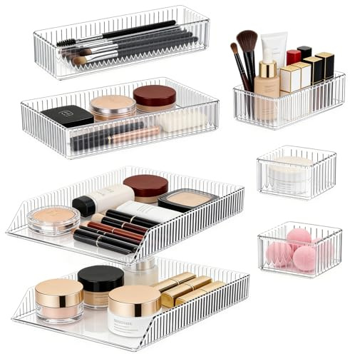 JIIKOOAI 7 PCS Clear Plastic Drawer Organizer Set, Stackable Storage Bins, Multi-Size Makeup Trays for Vanity, Desk Tidy, Kitchen, Drawer Storage Containers - Home Storag