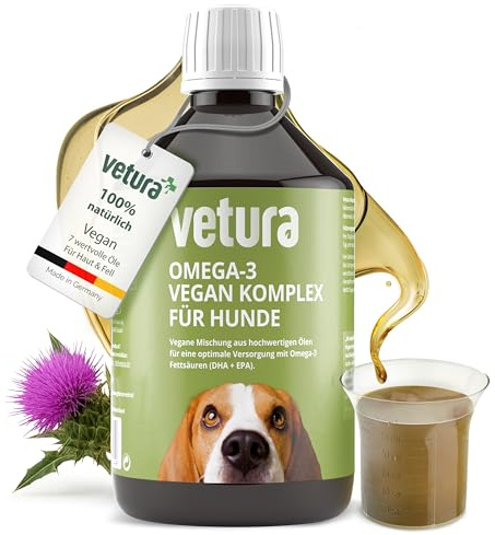 Vetura Omega-3 Öl Hund vegan 500ml - Leinöl, Algenöl & DHA für Haut & Fell | Vegan & ohne Fischöl: pflanzlicher Omega-3-Komplex aus Lein-, Hanf-, Algen-, Nachtkerzen- & Mariendistelöl.
