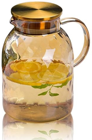 Muuookka Pichet Vintage en Verre Borosilicate Résistant à la Chaleur, avec Couvercle et Anse, Bec Verseur Adapté au Réfrigérateur.