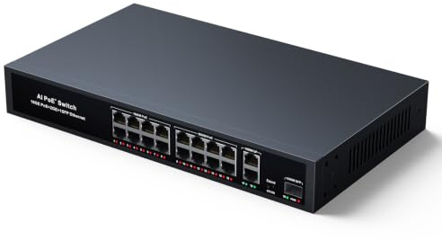 Yinker Switch PoE Gigabit 19 Porte 300W, 16 PoE+ 2 Uplink Gigabit + Slot SFP Fibra, Modalità 250m/VLAN, AI Recupero Automatico, Metallo Silenzioso per Videosorveglianza IP