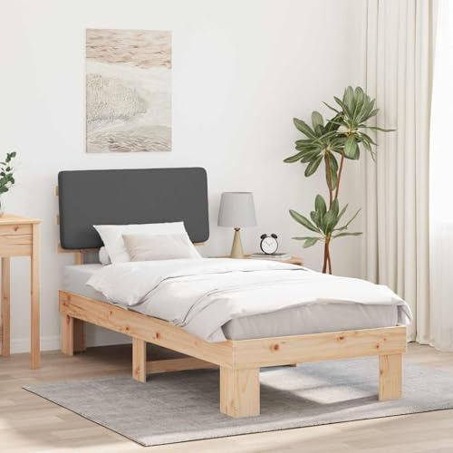 Kaloriko Bettgestell mit gepolstertem Kopfteil, Dunkelgrau 90x200 cm, Massivholz Kiefer, Plattform-Lattenrost, langlebiges Einzelbett für Schlafzimmer, kein Boxspring erforderlich