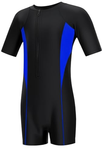 Qoibraze Boys Swimming Costume, One Piece Short Sleeve UV Swimsuit, Black | Quick-Dry Stretch Polyester with Short Sleeves, Zip Closure and One-Piece Coverage for Pool, Beach, Surfing and Swim Lessons