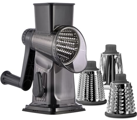 Käsereibe mit Kurbel, Gemüsehobel 3 Edelstahl Austauschbaren Trommelklingen, Schnelles Schneiden Gemüsehobel, Ideal als Nussreibe mit Kurbel, Kartoffelreibe, Nussmühle, Mandelmühle (Grau)