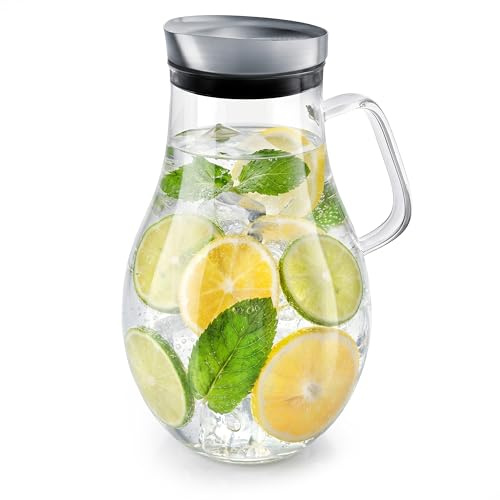 Arendo - Glaskaraffe 2500 ml, Karaffe aus Glas mit Deckel 2,5 L, Wasserkaraffe mit Edelstahldeckel und integriertem Grobfilter, Borosilikatglas, Haltegriff, Temperaturbereich –20 °C bis +150 °C