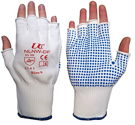Ultimate Industrial NLNW-DF/08 NLNW-DF Fingerless Nylon Dotted Gloves, 1 Pair, Size 8/Medium, White/Blue