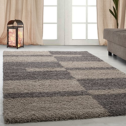 Carpetsale24 Hochflor Teppich 120 x 170 cm Taupe-Beige – Weicher Shaggy Flokati im Karierten Design – Dekorativer Wohnteppich für Jugendzimmer oder Gästezimmer – Pflegeleicht & modern