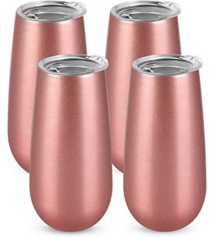 4 Pack Stemless Double Insulated Champagne Flute Tumbler with Lid, 6 Oz Unbreakable Reusable Cocktail Champagne Toasting Glasses, Great Gift for Friends Family Christmas Birthday, Rose Gold