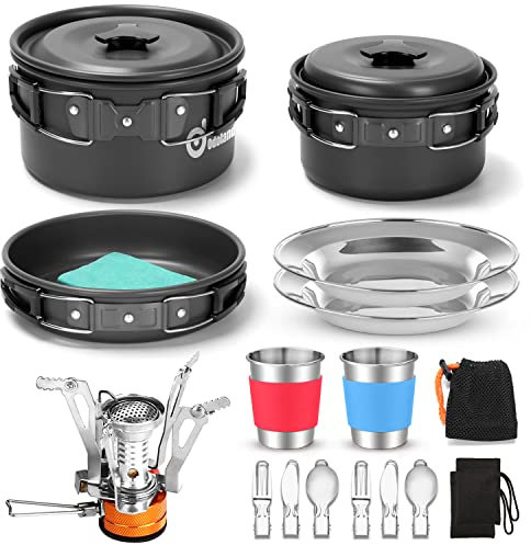Odoland Pentole Set da Campeggio con Fornello Pentole Padella Tazza Piatti Posate Pieghevoli, Gavette per 1 - 2 persone Leggero e Compatto per Campeggio Trekking Picnic Escursionismo