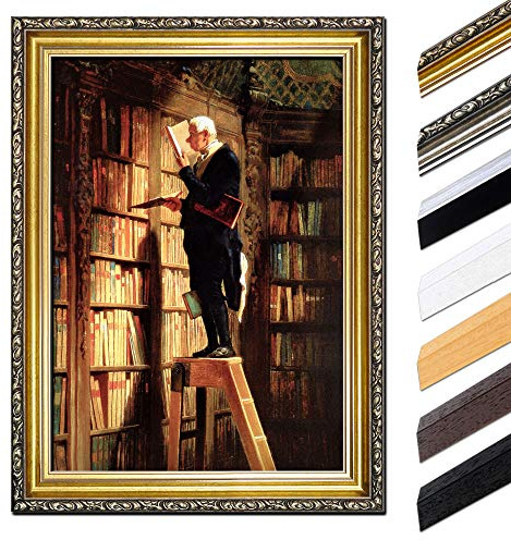 Bilderdepot24 Bild mit Rahmen - Carl Spitzweg Der Bücherwurm Außenmaß 50x40 cm - Gerahmtes Leinwandbild Alte Meister - Antiker Rahmen Gold Barock, Klassisch