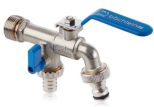 Bächlein Robinet Universel Double pour le Jardin Bleu - 2 Raccordements de Tuyau, Boisseau Sphérique Raffiné, Raccordement 1/2 et 3/4 Pouces, Sortie pour l'Extérieur