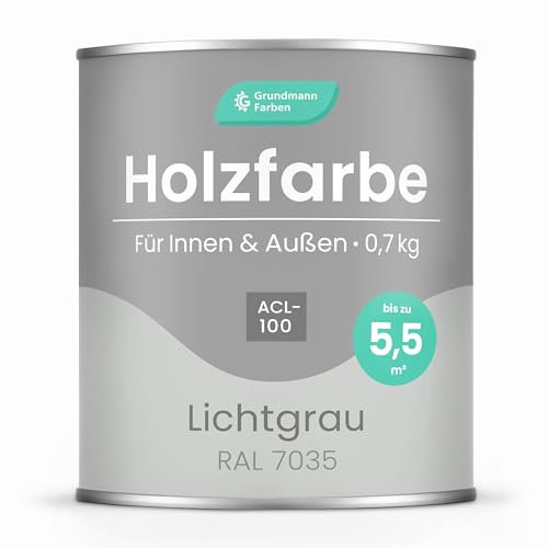 Grundmann Holzfarbe ACL 100 - Holzlack 0,7 Kg Hellgrau - 4in1 inkl. Grundierung - Seidenmatt - Wetterfest für Innen und Außen - RAL 7035 Lichtgrau